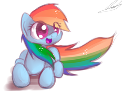 Size: 926x691 | Tagged: safe, artist:strangemoose, rainbow dash, pegasus, pony, g4, cute, dashabetes, female, mare, open mouth, prone, simple background, smiling, solo, starry eyes, white background, wingding eyes