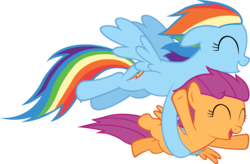 Size: 5000x3286 | Tagged: safe, artist:artpwny, rainbow dash, scootaloo, pony, g4, absurd resolution, flying, happy, holding a pony, scootalove, simple background, transparent background, vector