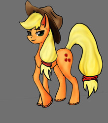 Size: 504x576 | Tagged: safe, artist:strangeazian, applejack, earth pony, pony, g4, crossed hooves, female, simple background, solo, unshorn fetlocks