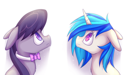 Size: 2048x1228 | Tagged: safe, artist:meewin, artist:shyshyoctavia, dj pon-3, octavia melody, vinyl scratch, g4, looking up, simple background