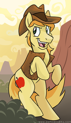 Size: 391x670 | Tagged: safe, artist:spainfischer, braeburn, earth pony, pony, g4, bush, cloud, male, rearing, solo, stallion