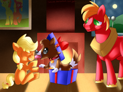 Size: 1024x768 | Tagged: dead source, safe, artist:lunchwere, applejack, big macintosh, winona, dog, earth pony, pony, g4, bow, colt big macintosh, cute, female, filly, filly applejack, fireplace, jackabetes, licking, macabetes, male, portrait, present, puppy, younger