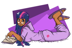 Size: 990x660 | Tagged: safe, artist:slipe, twilight sparkle, human, g4, book, boots, breasts, clothes, dark skin, female, glasses, hoodie, humanized, lollipop, pants, sandals