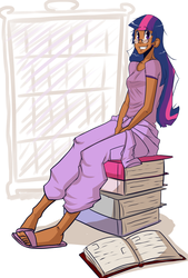 Size: 960x1419 | Tagged: safe, artist:slipe, twilight sparkle, human, g4, book, clothes, dark skin, female, glasses, humanized, skinny, solo, thin