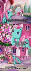 Size: 639x1438 | Tagged: safe, screencap, minty, pinkie pie (g3), puzzlemint, sparkleworks, g3, positively pink, distraction, flower, lol, name, subtitles, text
