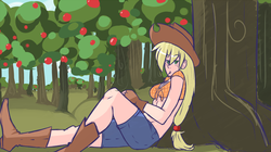 Size: 860x480 | Tagged: safe, artist:slipe, applejack, human, g4, female, front knot midriff, humanized, looking at you, midriff, orchard, resting, solo, tree