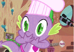 Size: 456x324 | Tagged: safe, edit, edited screencap, screencap, spike, dragon, g4, just for sidekicks, animated, apron, chef's hat, clothes, gem, hat, hub logo, le ruse master, naked apron, reaction image, trollface