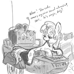 Size: 800x800 | Tagged: safe, artist:agm, sweetie belle, pony, unicorn, g4, black and white, grayscale, headphones, map, military, monochrome, motorcycle, older, pencil, radio, sidecar, solo, speech bubble
