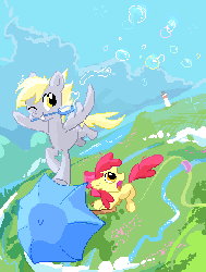 Size: 458x604 | Tagged: safe, artist:tomatocoup, apple bloom, derpy hooves, pegasus, pony, g4, bubble, bubble wand, female, flockdraw, flying, gif, mare, non-animated gif, umbrella, vertigo