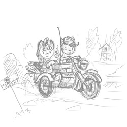 Size: 1000x1000 | Tagged: safe, artist:agm, scootaloo, sweetie belle, g4, cutie mark crusaders, german, military, motorcycle, radio, sidecar, simple background, sketch