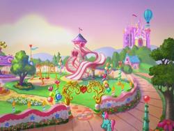 Size: 640x480 | Tagged: safe, screencap, minty, g3, positively pink, celebration castle, park, party cake place, pretty, slide, swing