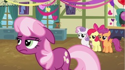 Size: 1401x788 | Tagged: safe, screencap, apple bloom, cheerilee, scootaloo, sweetie belle, g4, hearts and hooves day (episode), cutie mark crusaders, floppy ears, frown, grumpy, hearts and hooves day, ponyville schoolhouse