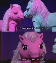 Size: 852x957 | Tagged: safe, minty, pinkie pie (g3), g3, my little pony live, my little pony live: the world's biggest tea party, female, lesbian, love, nuzzling, quadsuit, ship:mintypie, shipping, shipping fuel, subtitles
