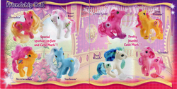 Size: 1000x502 | Tagged: safe, photographer:breyer600, crystal lace, desert rose, forsythia (g3), gem blossom, merriweather, peri winkle, starbeam, valenshy, earth pony, pony, g3, official, brochure, brush, cutie mark, female, friendship ball, irl, jewel cutie mark, mare, pamphlet, photo, scan, text, toy, trademark