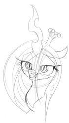 Size: 526x940 | Tagged: source needed, safe, artist:zev, queen chrysalis, changeling, changeling queen, g4, dreamworks face, female, grayscale, monochrome, portrait, sketch, solo