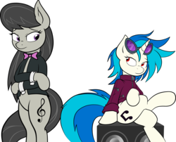 Size: 1500x1209 | Tagged: safe, artist:agamnentzar, artist:joey darkmeat, artist:pozdn9k, dj pon-3, octavia melody, vinyl scratch, earth pony, pony, unicorn, g4, bipedal, clothes, duo, female, glasses, jacket, legs together, mare, simple background, speaker, transparent background