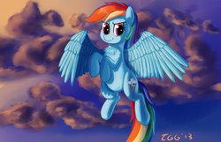 Size: 1196x768 | Tagged: safe, artist:tggeko, rainbow dash, pegasus, pony, g4, cloud, female, flying, mare, solo