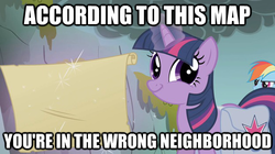 Size: 625x351 | Tagged: safe, edit, edited screencap, screencap, rainbow dash, twilight sparkle, dragonshy, g4, duo, image macro, looking at you, map, saddle bag, twiface, wrong neighborhood