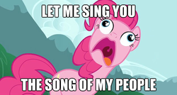 Size: 625x335 | Tagged: safe, edit, edited screencap, screencap, pinkie pie, earth pony, pony, g4, too many pinkie pies, clone, female, image macro, mare, open mouth, pinkie clone, pinkie frogmouth, solo, song of my people