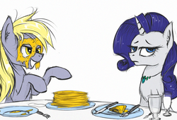 Size: 945x642 | Tagged: safe, artist:madhotaru, derpy hooves, rarity, pegasus, pony, unicorn, g4, chest fluff, female, mare, pancake monster, pancakes