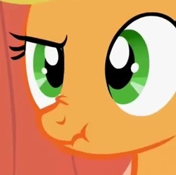 Size: 290x289 | Tagged: safe, screencap, applejack, earth pony, pony, g4, look before you sleep, season 1, close-up, cropped, female, golden oaks library, scrunchy face, solo