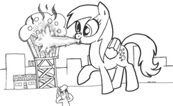 Size: 1630x1000 | Tagged: safe, artist:abronyaccount, derpy hooves, lily, lily valley, kaiju, pegasus, pony, g4, atomic breath, derpyzilla, female, fire, giant derpy hooves, giantess, godzilla, godzilla (series), macro, mare, monochrome, muffin, signature, simple background, the horror, white background