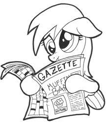 Size: 825x929 | Tagged: safe, artist:abronyaccount, derpy hooves, pegasus, pony, g4, female, mare, muffin, muffin denial, newspaper, sad, scrunchy face