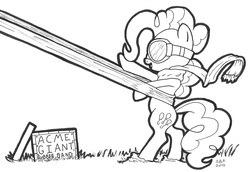 Size: 1454x1000 | Tagged: safe, artist:abronyaccount, pinkie pie, earth pony, pony, g4, bipedal, black and white, clothes, goggles, grayscale, monochrome, rubber band, scarf, simple background, white background