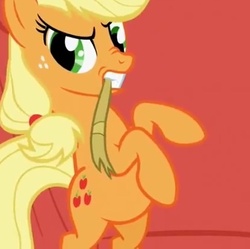 Size: 373x372 | Tagged: safe, screencap, applejack, earth pony, pony, g4, look before you sleep, female, golden oaks library, mare, mouth hold, nose wrinkle, rearing, rope, solo