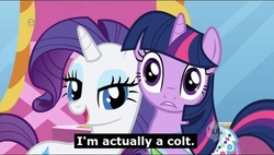 Size: 782x443 | Tagged: safe, edit, edited screencap, screencap, rarity, twilight sparkle, friendship is magic, g4, bedroom eyes, caption, crossdressing, elusive, female, gem saddle twilight, half r63 shipping, image macro, male, rule 63, ship:rarilight, ship:twilusive, shipping, straight, trap