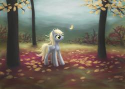 Size: 2133x1523 | Tagged: safe, artist:zmok, derpy hooves, pegasus, pony, g4, autumn, female, leaf, leaves, mare, solo, tree