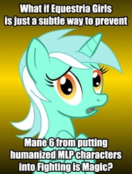 Size: 625x823 | Tagged: safe, lyra heartstrings, pony, unicorn, fighting is magic, equestria girls, g4, conspiracy lyra, exploitable meme, looking at you, meme, open mouth