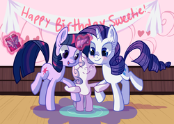 Size: 800x570 | Tagged: safe, artist:reuniclus, rarity, sweetie belle, twilight sparkle, g4, birthday, book, happy, magic, present, siblings, sisters