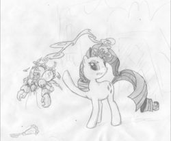 Size: 2716x2238 | Tagged: dead source, safe, artist:onsaud, rarity, crab, pony, unicorn, g4, 2012, female, magic, mare, monochrome, rarity fighting a giant crab, sketch