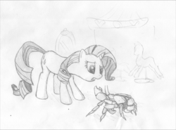 Size: 2604x1925 | Tagged: safe, artist:onsaud, rarity, crab, pony, unicorn, g4, mirror, monochrome, ponyquin, rarity fighting a giant crab, sketch