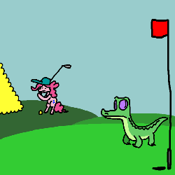 Size: 500x500 | Tagged: safe, artist:ciircuit, gummy, pinkie pie, g4, animated, cap, colored, duo, eating, flag, flagpole, flat colors, frame by frame, golf, golf ball, hat, object vore, outdoors, pole, swallow, swallowing