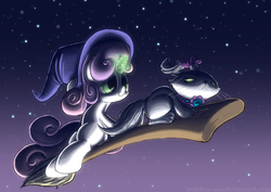 Size: 1000x707 | Tagged: safe, artist:fiddlearts, opalescence, sweetie belle, g4, broom, flying, flying broomstick, hat, kiki's delivery service, magic, night, night sky, sitting, smiling, stars, witch hat