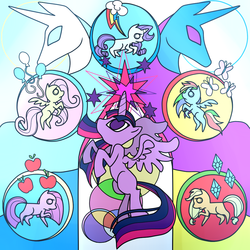 Size: 1024x1024 | Tagged: safe, artist:linamomoko, applejack, fluttershy, pinkie pie, rainbow dash, rarity, twilight sparkle, alicorn, pony, g4, magical mystery cure, female, mane six, mare, stained glass, swapped cutie marks, twilight sparkle (alicorn)