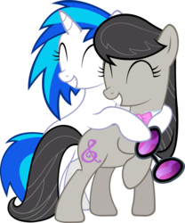 Size: 4168x5000 | Tagged: safe, artist:artpwny, dj pon-3, octavia melody, vinyl scratch, pony, g4, absurd resolution, bipedal, female, happy, hug, lesbian, ship:scratchtavia, shipping, smiling