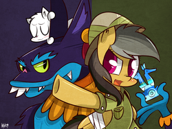Size: 1600x1200 | Tagged: safe, artist:kty159, ahuizotl, daring do, mitsy, cat, g4, sapphire statue