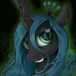 Size: 1844x1844 | Tagged: safe, artist:yakovlev-vad, queen chrysalis, changeling, changeling queen, g4, crown, female, jewelry, regalia, smiling, solo