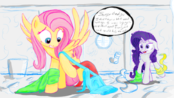 Size: 1280x720 | Tagged: safe, fluttershy, rarity, g4, clothes, dialogue, magic, messy mane