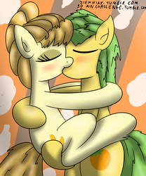 Size: 1000x1200 | Tagged: safe, artist:ziemniax, aunt orange, uncle orange, earth pony, pony, g4, carrying, duo, female, hug, kissing, male, mare, ship:the oranges, shipping, stallion, straight