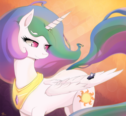 Size: 900x827 | Tagged: safe, artist:mrstufflebeam, princess celestia, butterfly, pony, g4, female, smiling, solo, spread wings