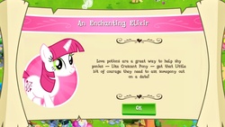 Size: 1136x640 | Tagged: safe, gameloft, lovestruck, pony, unicorn, g4, female, hilarious in hindsight, implied crescent pony, introduction card, love potion, mare, meme origin