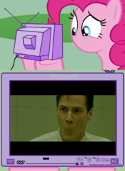 Size: 563x771 | Tagged: safe, pinkie pie, g4, exploitable meme, keanu reeves, neo, no mouth, the matrix, tv meme