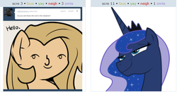 Size: 779x409 | Tagged: safe, artist:slavedemorto, princess luna, oc, oc:backy, g4, bedroom eyes, canon x oc, exploitable meme, juxtaposition, juxtaposition win, smiling