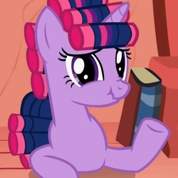 Size: 497x497 | Tagged: safe, screencap, twilight sparkle, pony, unicorn, g4, look before you sleep, book, cropped, female, golden oaks library, hair curlers, mare, scrunchy face, solo, unicorn twilight