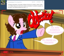 Size: 1236x1081 | Tagged: safe, artist:shinta-girl, oc, oc only, oc:shinta pony, ace attorney, ask, objection, phoenix wright, spanish, translated in the description, tumblr