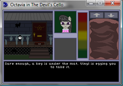 Size: 335x235 | Tagged: safe, artist:herooftime1000, octavia melody, earth pony, pony, octavia in the underworld's cello, g4, adventure, dialogue, fan game, game, haunted, haunted house, horror, implied vinyl scratch, pixel art